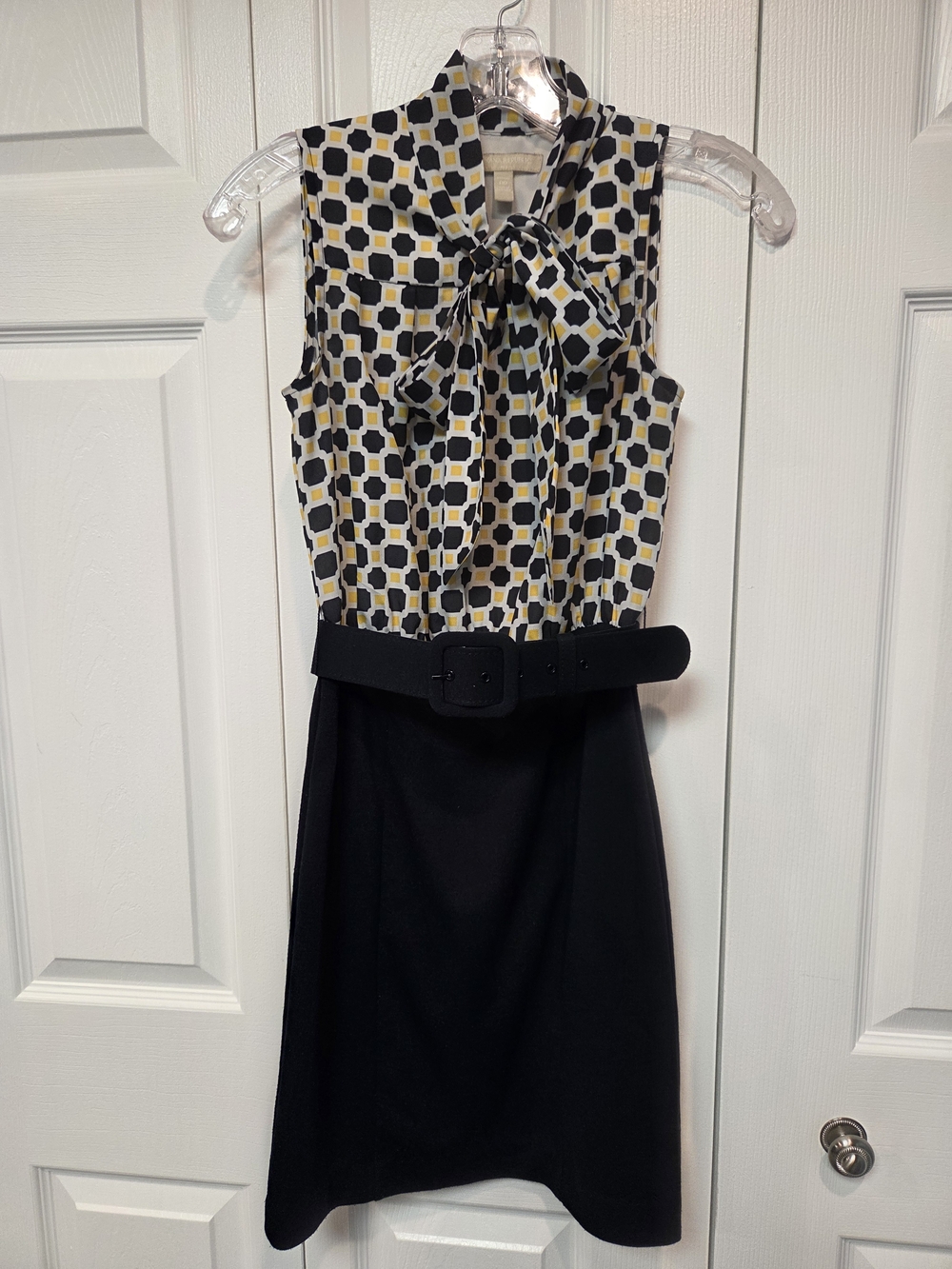Banana Republic Navy Blue Patterned Tie-Neck Belted Midi Dress